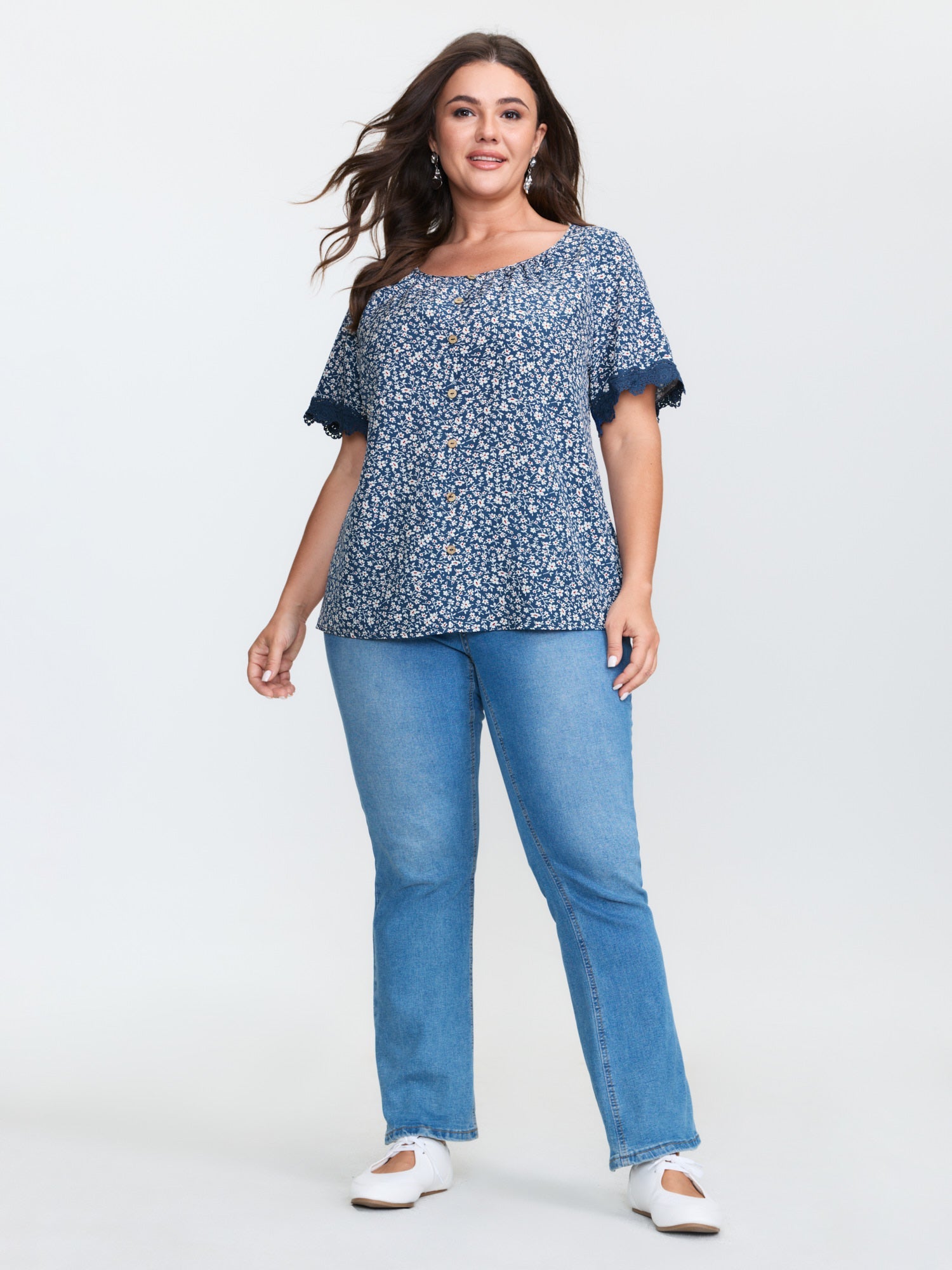 Floral Print Buttons Lace Sleeve Blouse