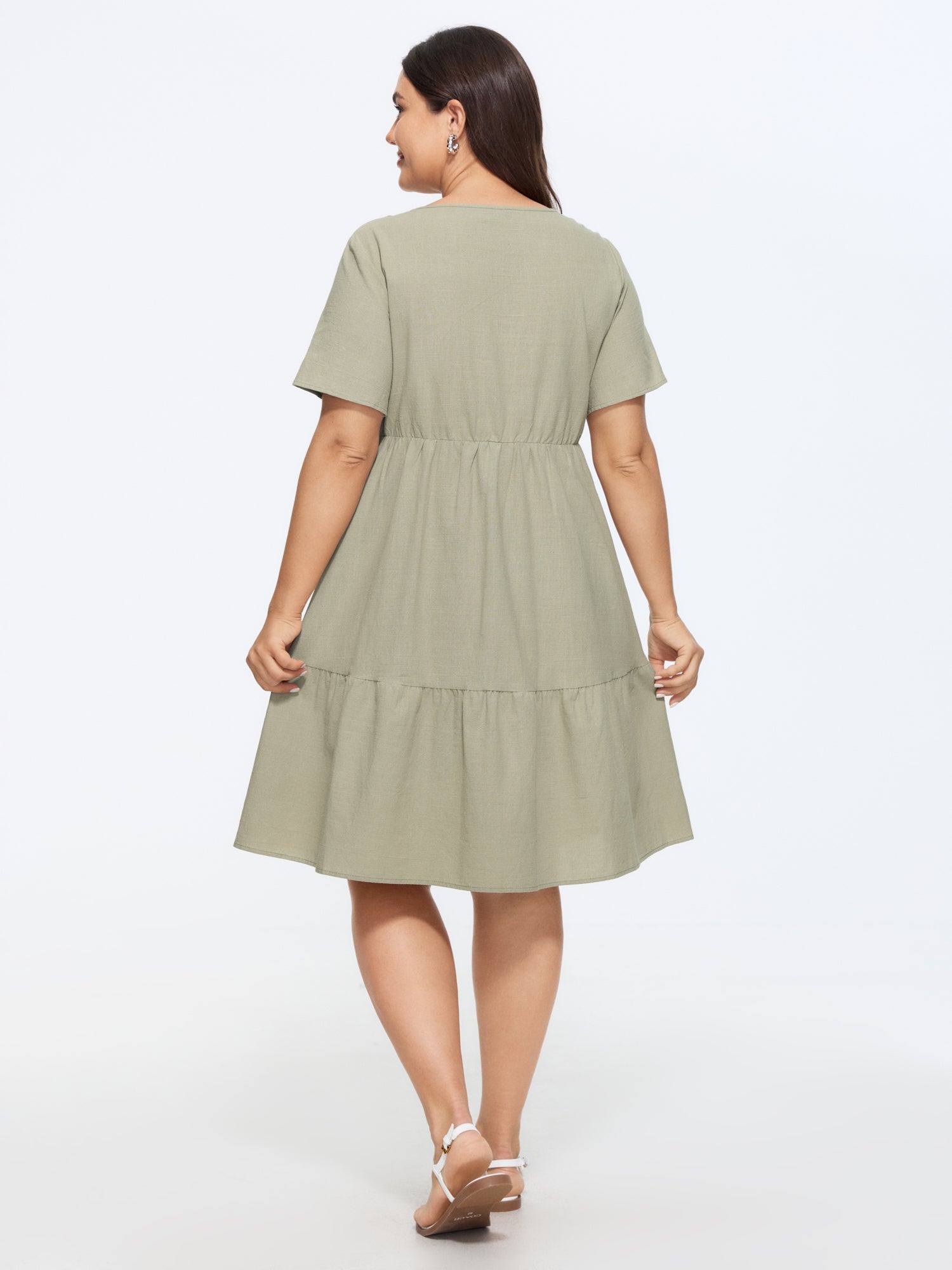 Cotton V-Neck Tiered Plain Mini Dress