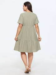 Cotton V-Neck Tiered Plain Mini Dress