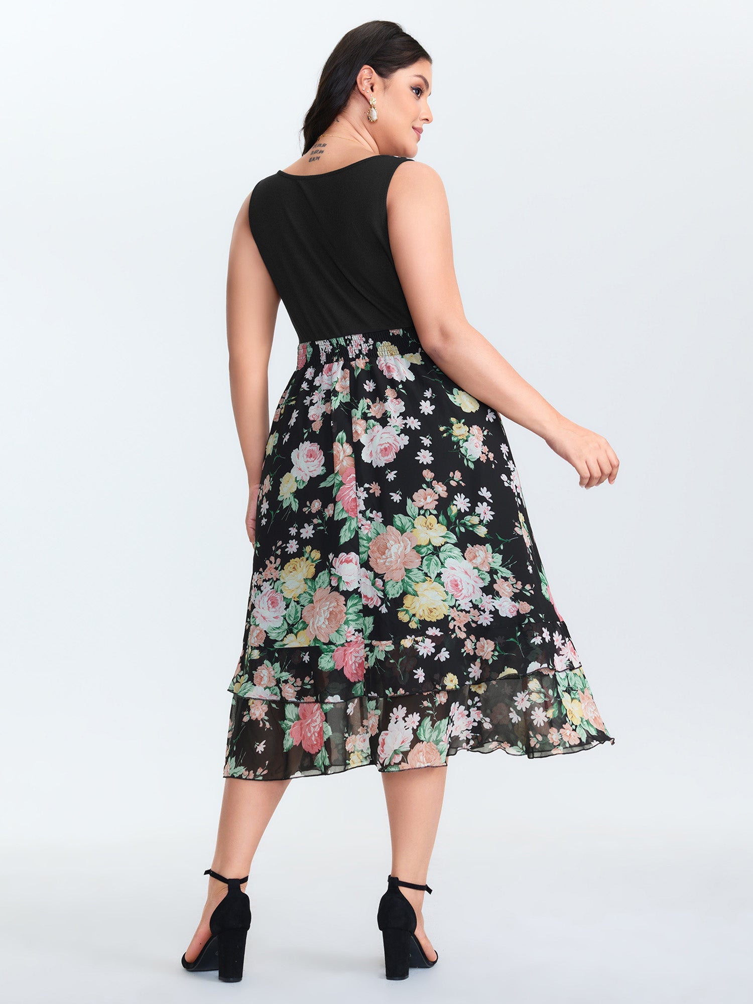 Chiffon Floral Pattern Layered Midi Dress