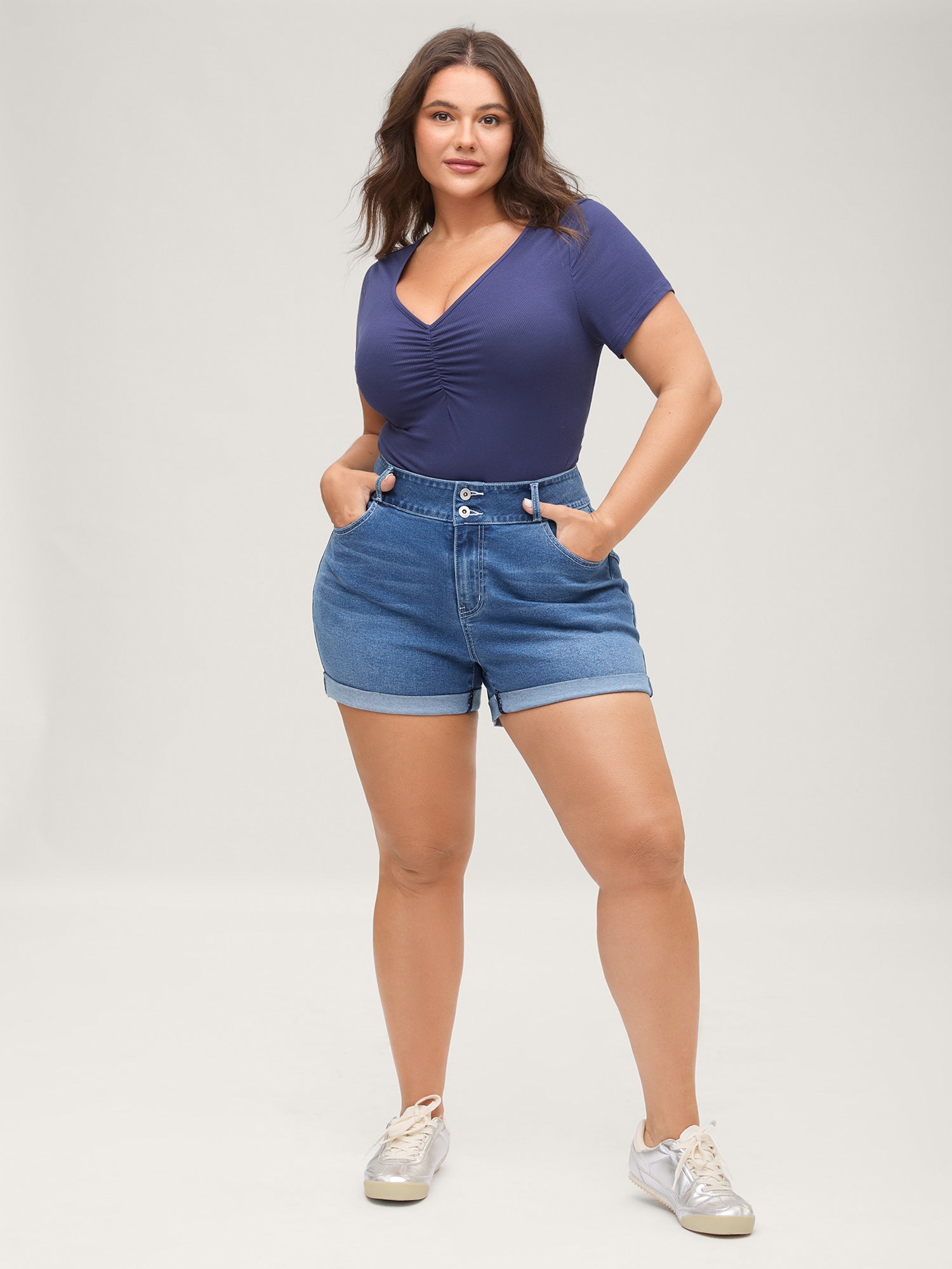 High-Rise Folded Hem Skinny-Fit Denim Shorts