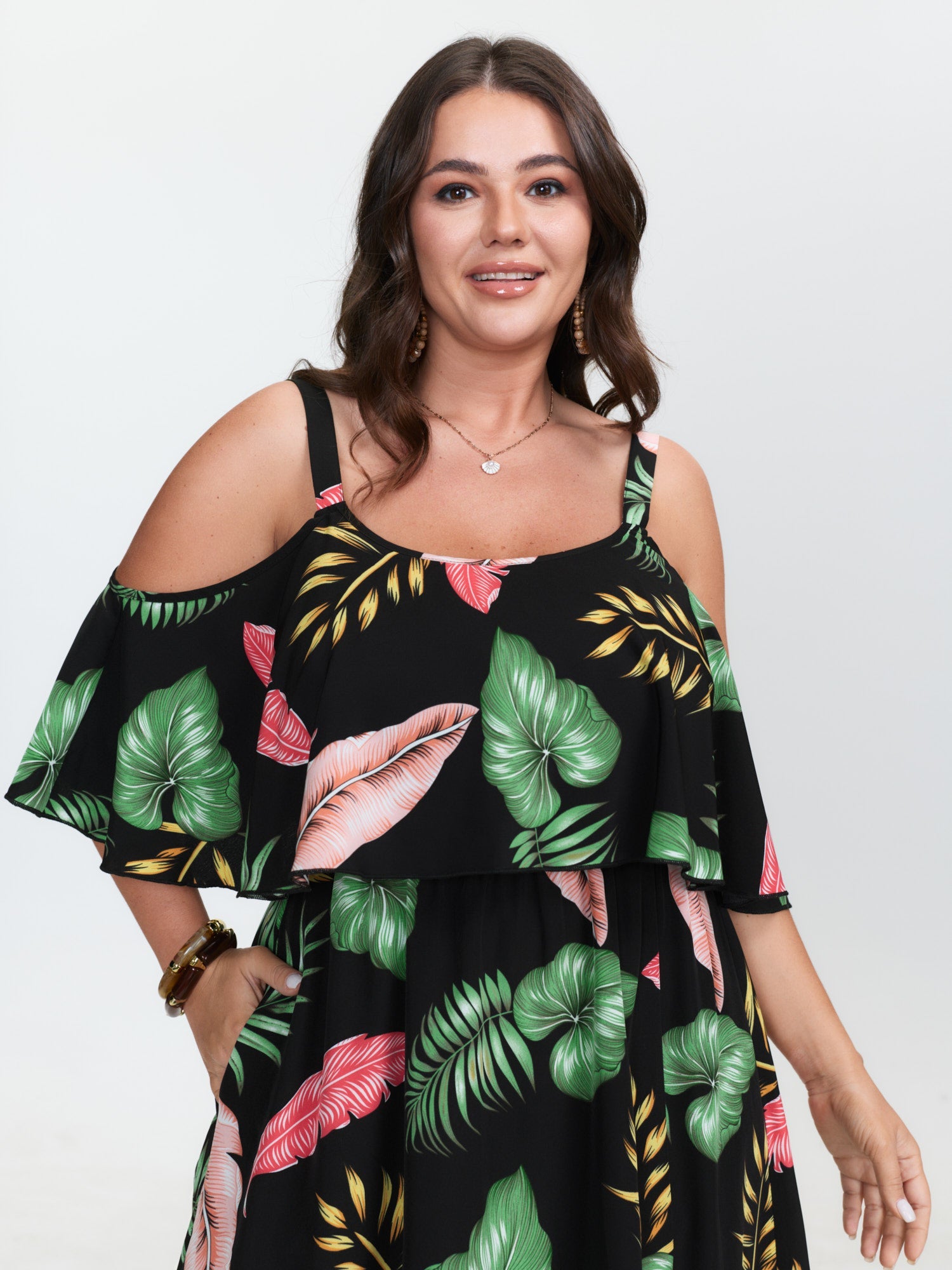 Tropical Pattern Off-Shoulder Maxi Dress