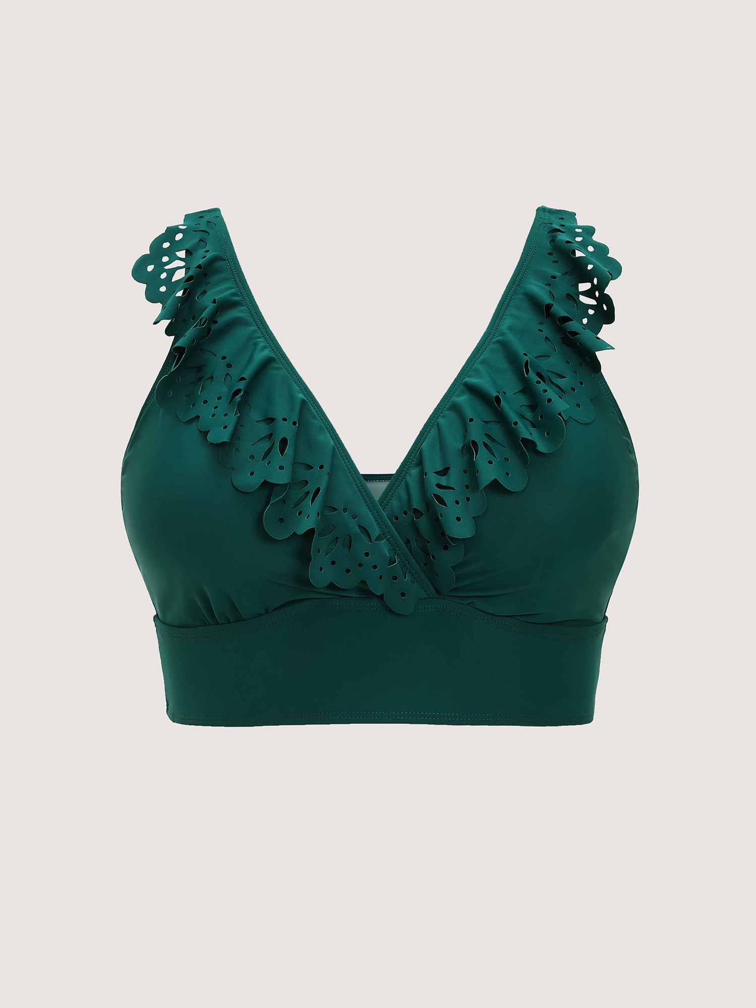 Laser Cut Floral Ruffled Neckline Swim Top