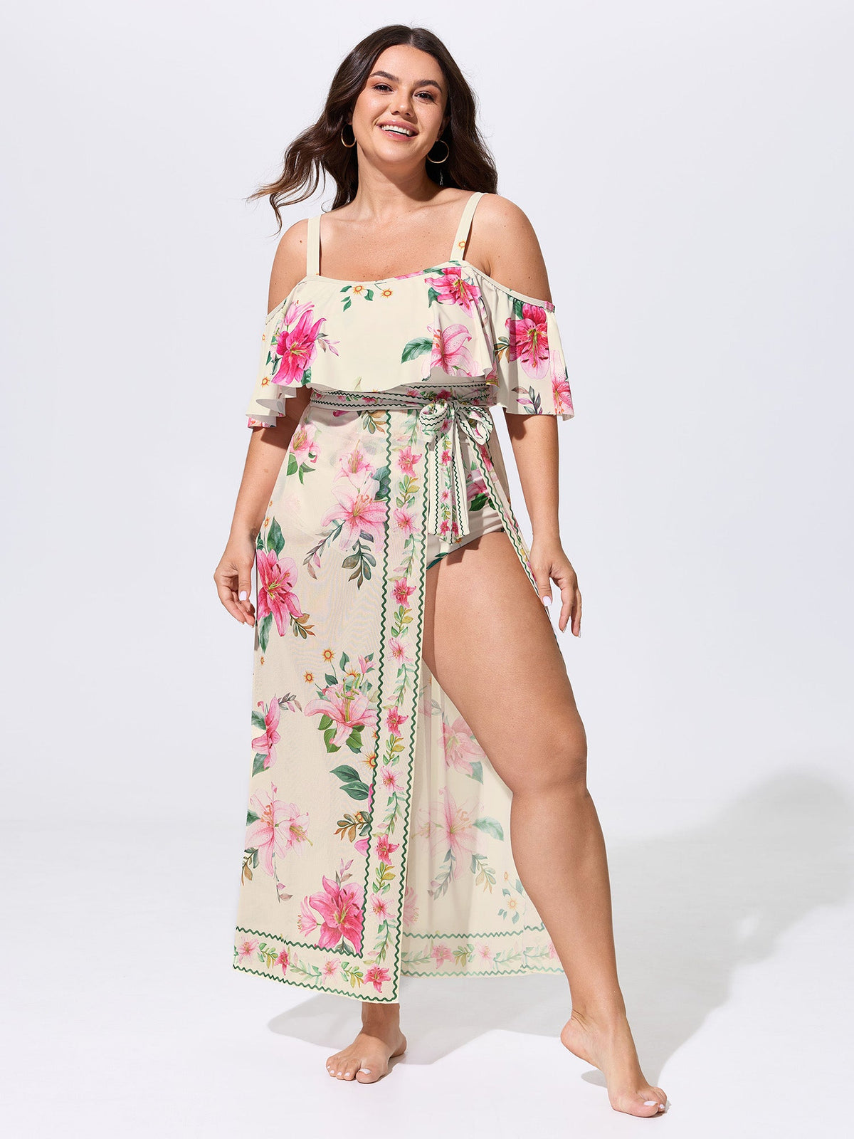 Sarong Set Floral Print Off-Shoulder One-Piece Swimsuit