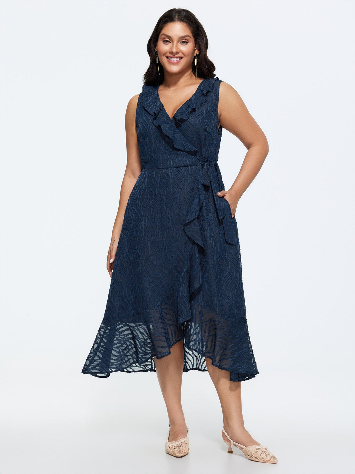 Sheer Textured Ruffled Wrap Midi Dress