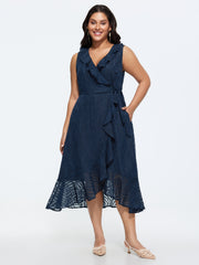 Sheer Textured Ruffled Wrap Midi Dress