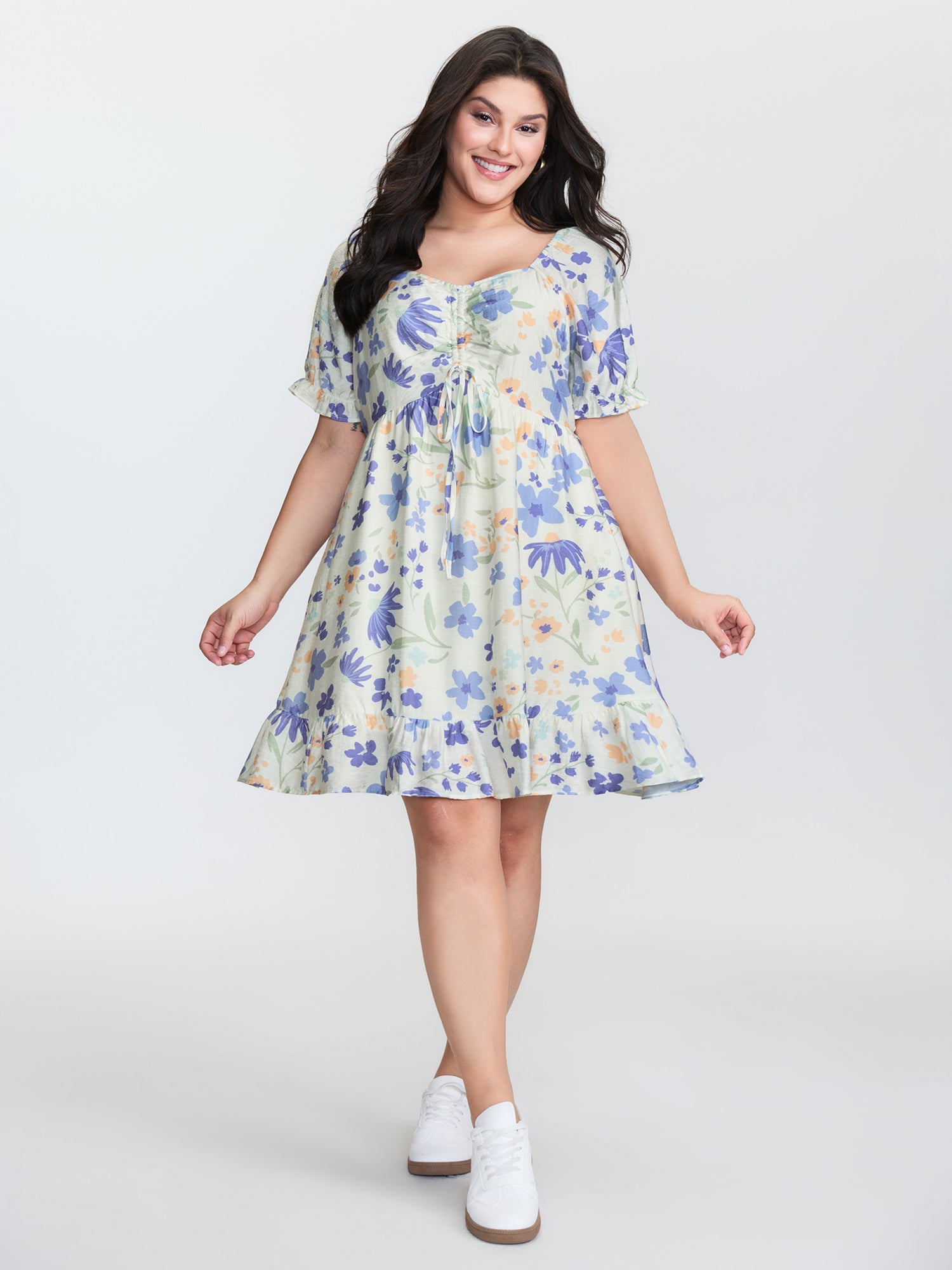 Floral Print Ruched Bodice Ruffled Short Dress