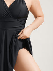 Solid Ruffle Hem Empire Waist Halter Neck Swim Dress