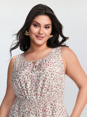 Micro Floral Print Back Tie Ruffled Hem Jumpsuit
