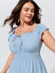 Lace Trim Ruffle Tie Front Midi Dress