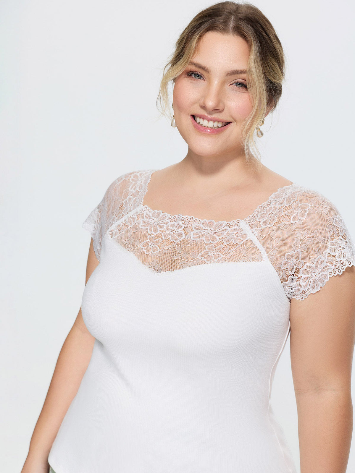 Sheer Lace Neckline Plain Knit Top