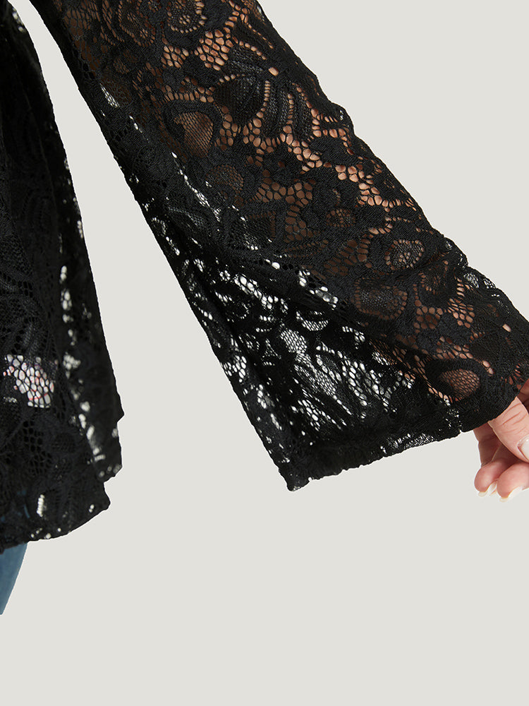 Plain Contrast Lace Mesh Gathered Bell Sleeve T-shirt
