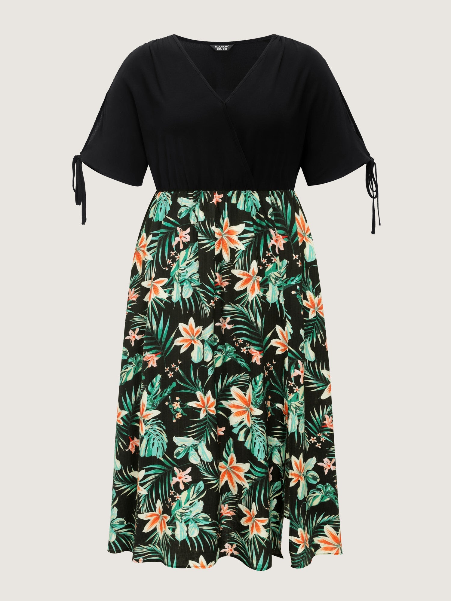 Tropical Floral Print Sleeve Tie Midi Dress