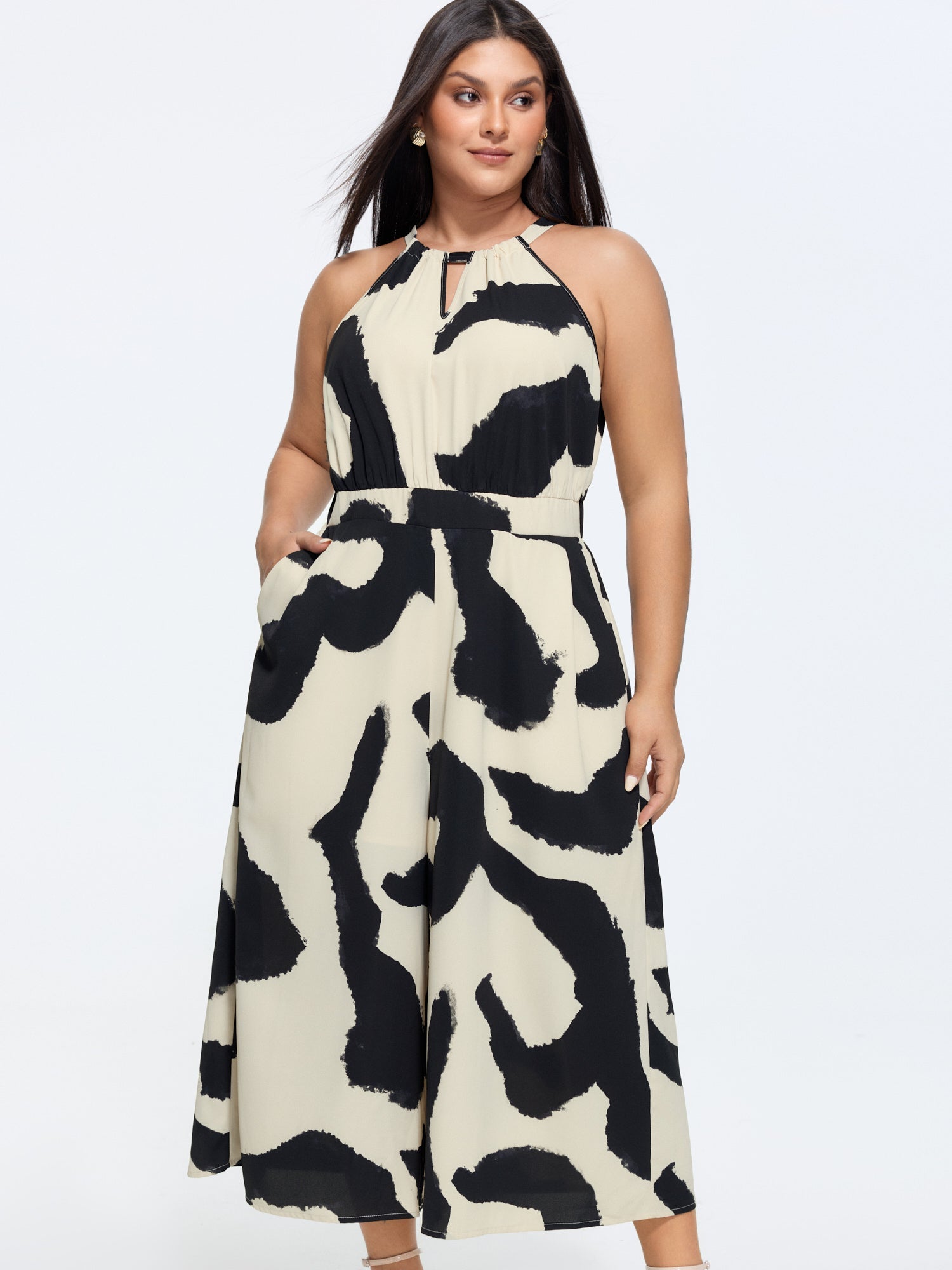 Abstract Floral Print Halter Neckline Jumpsuit