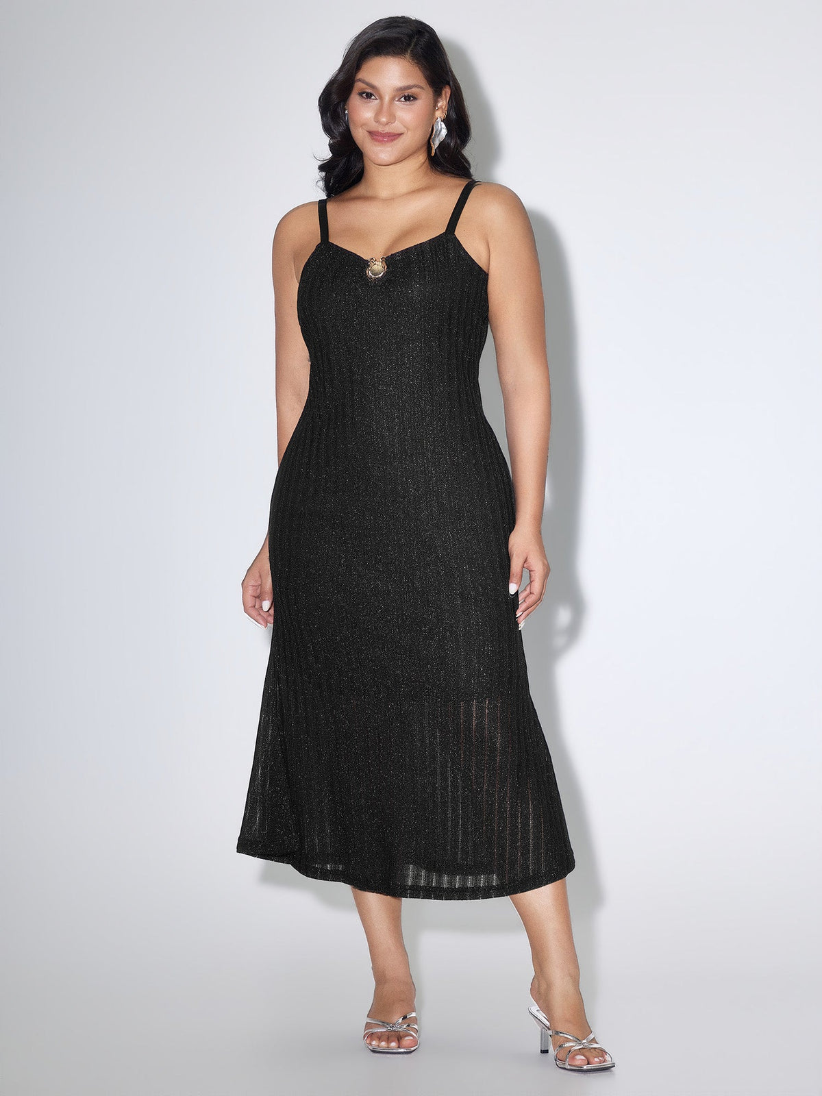 Shimmer Ribbed Gold Charm Detail Midi Dress