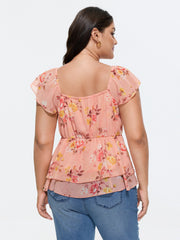 Floral Print Sweetheart Neckline Layered Blouse
