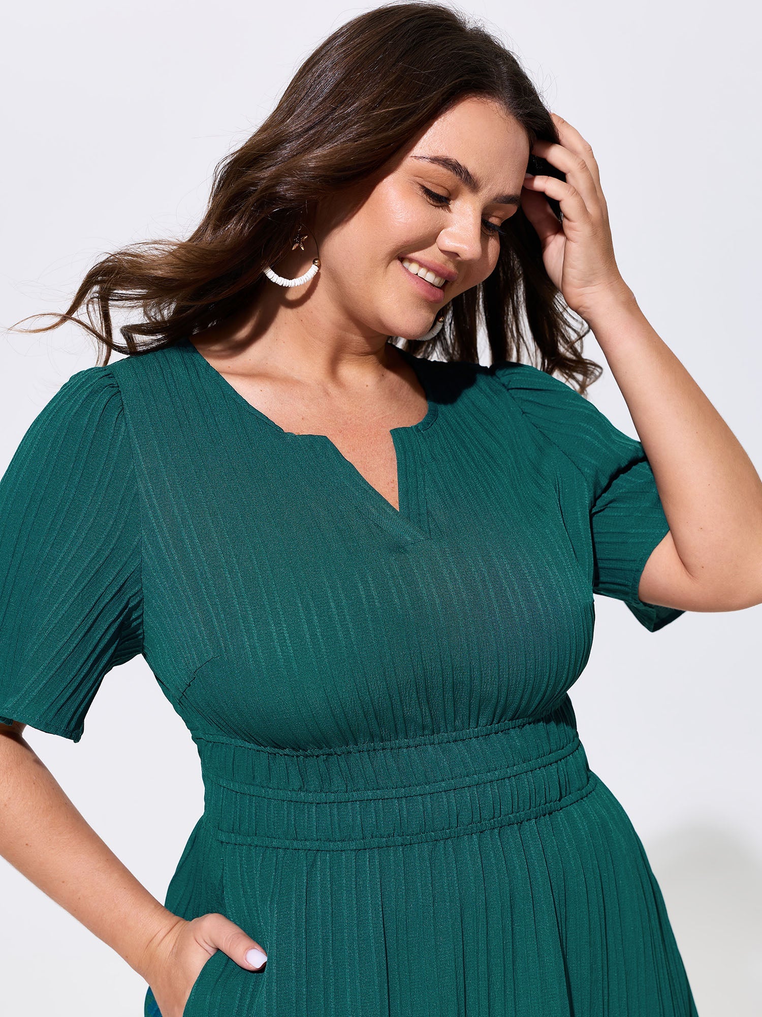 Shirred Waist Split Neckline Tiered Maxi Dress