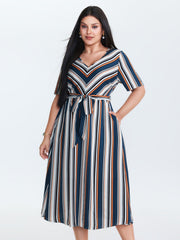 Striped Waist-Tie Pockets Midi Dress