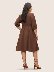 Solid Pleated Button Detail Lantern Sleeve Dress