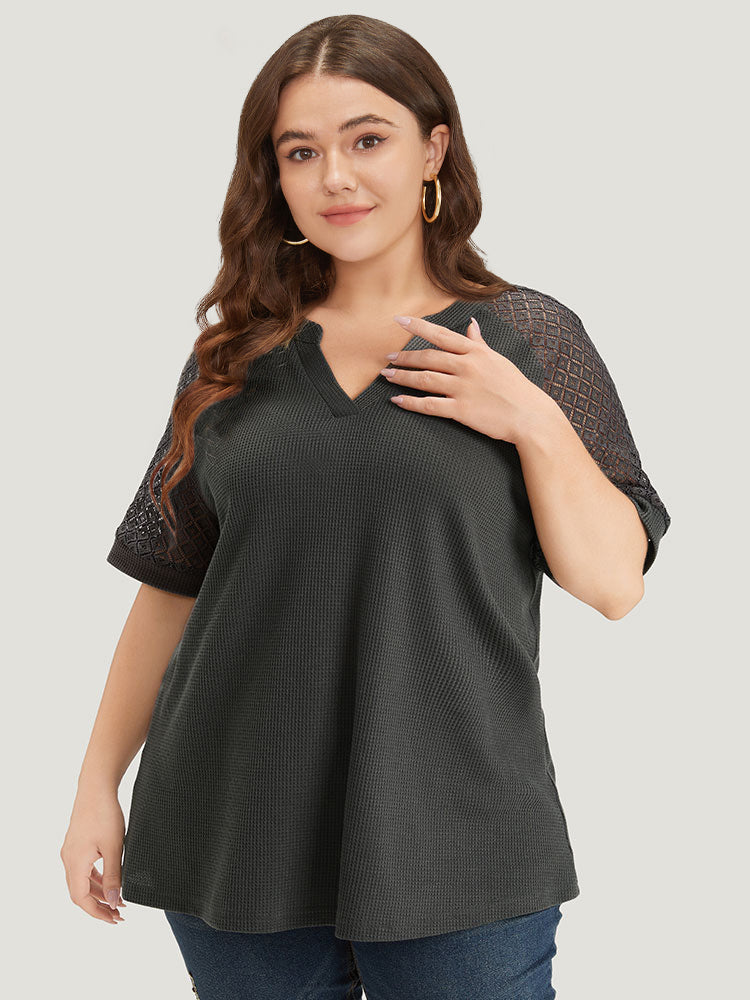 Plain Notched Crochet Lace Raglan Sleeve T-shirt