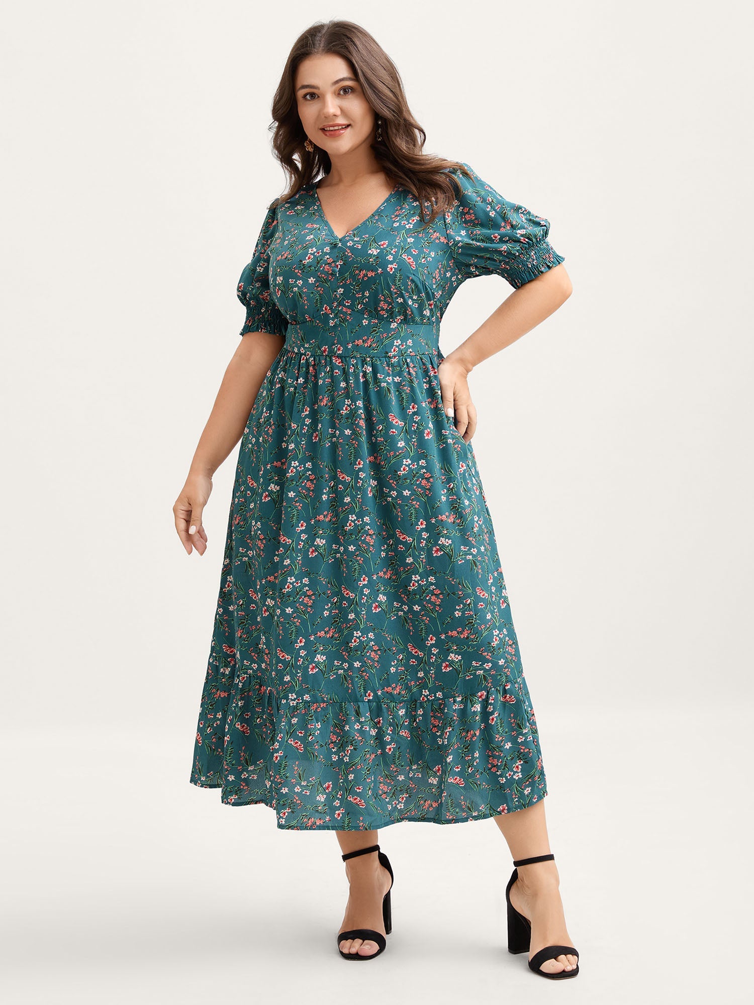 Retro Floral Print Button Detail Midi Dress