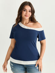 Cotton Stretchy Color Contrast One-Shoulder T-Shirt