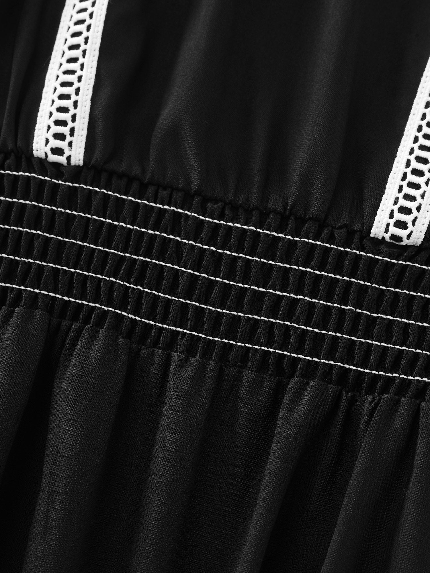 Lace Trim Shirred Waist Round Neck Midi Dress