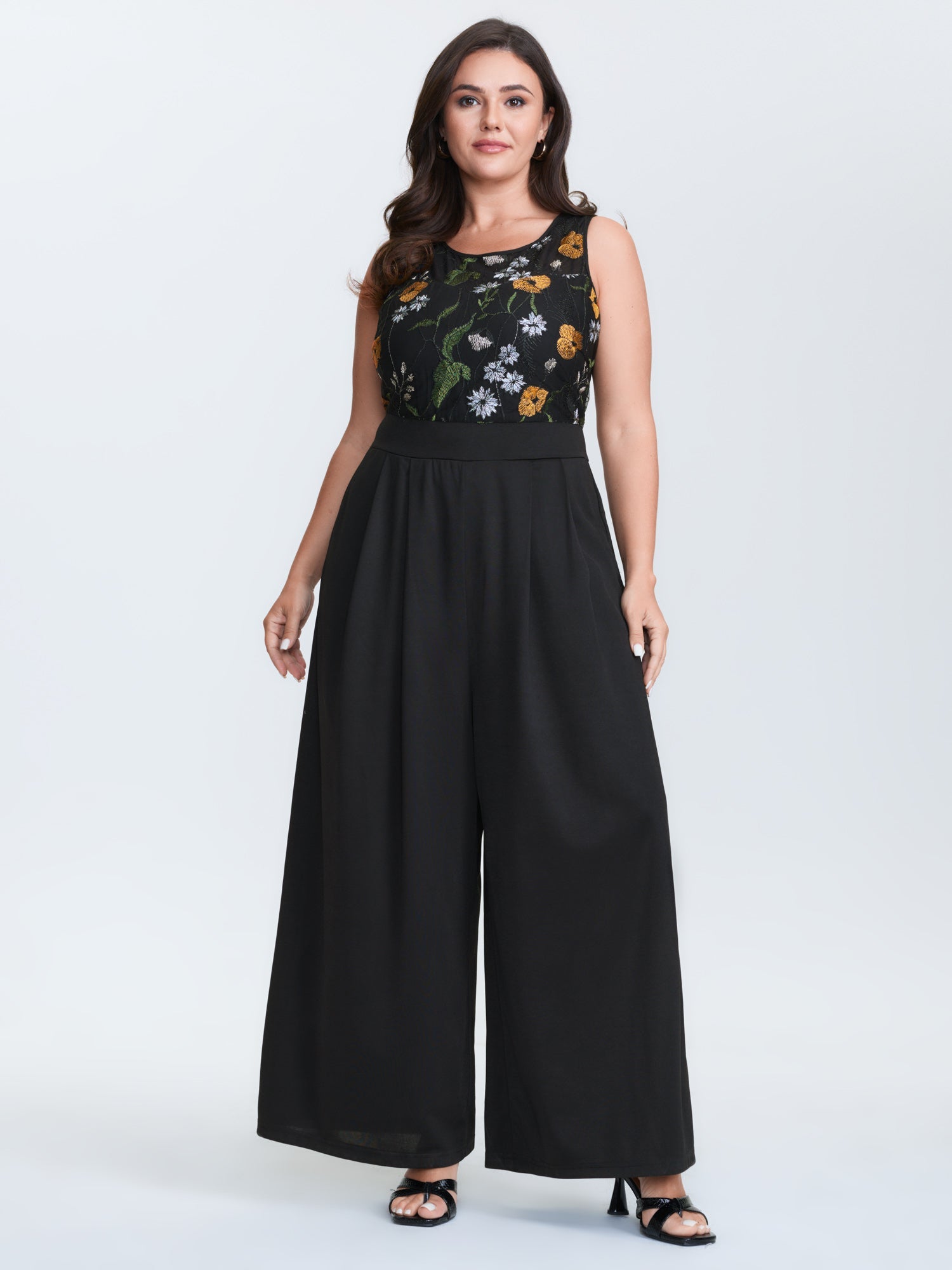 Sheer Floral Cinched Waist Contrast Jumpsuit