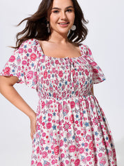 Floral Print Square Shirred Bodice Maxi Dress