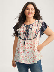 Floral Panel Ruffled Sleeve Blouse