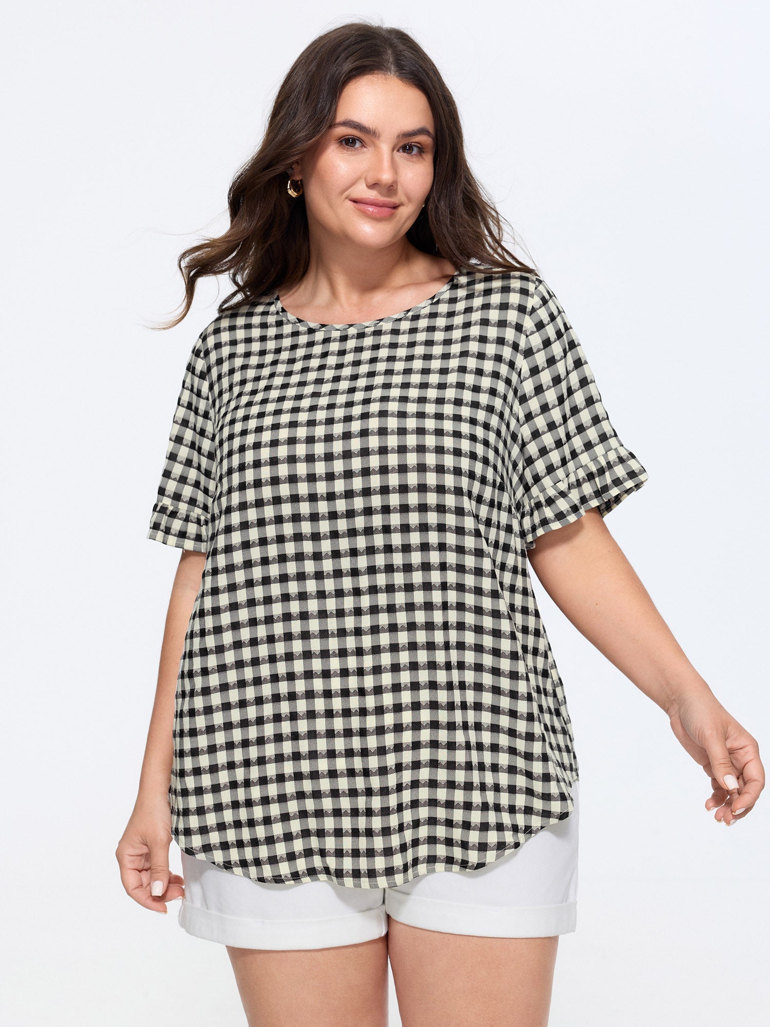 Gingham Print Ruffled Detail Arc Hem Blouse