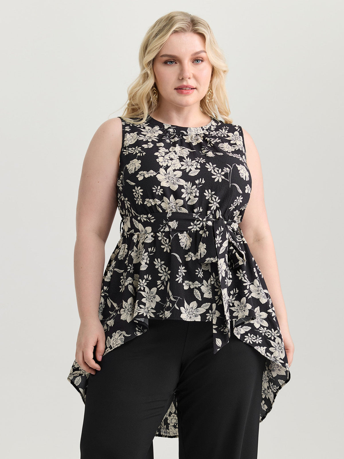 Monochrome Floral Print High Low Hem Top
