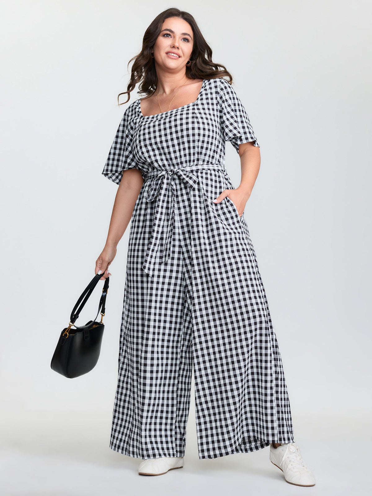 Checkered Print Pockets Waist-Tie Jumpsuit