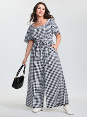 Checkered Print Pockets Waist-Tie Jumpsuit