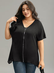 Plain Zipper Curved Hem Blouse