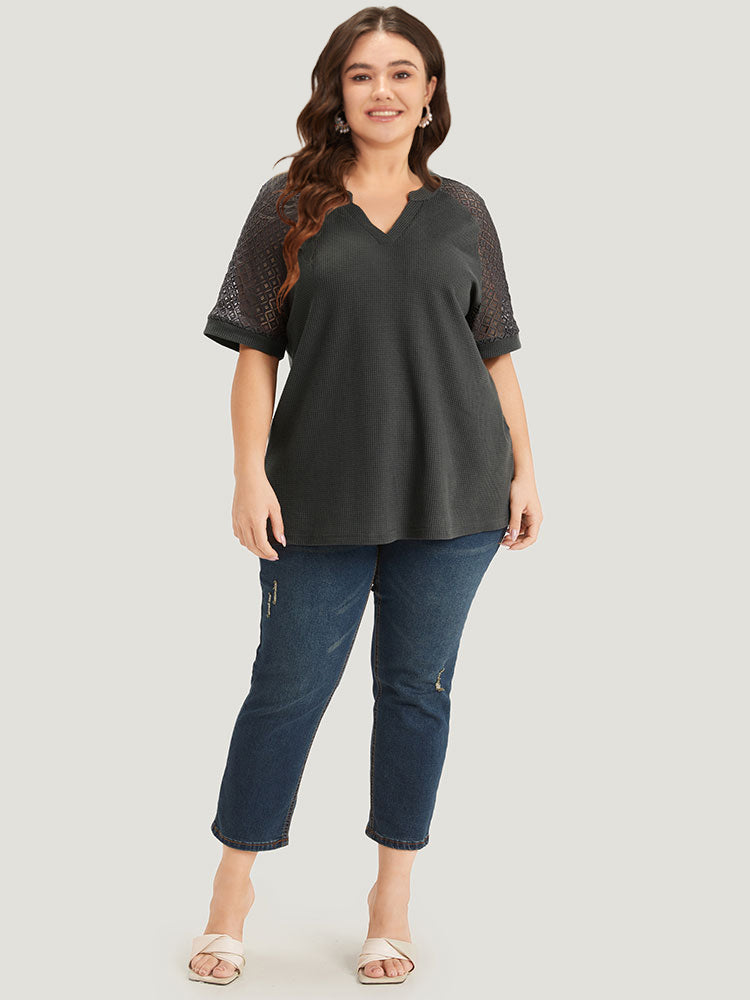 Plain Notched Crochet Lace Raglan Sleeve T-shirt