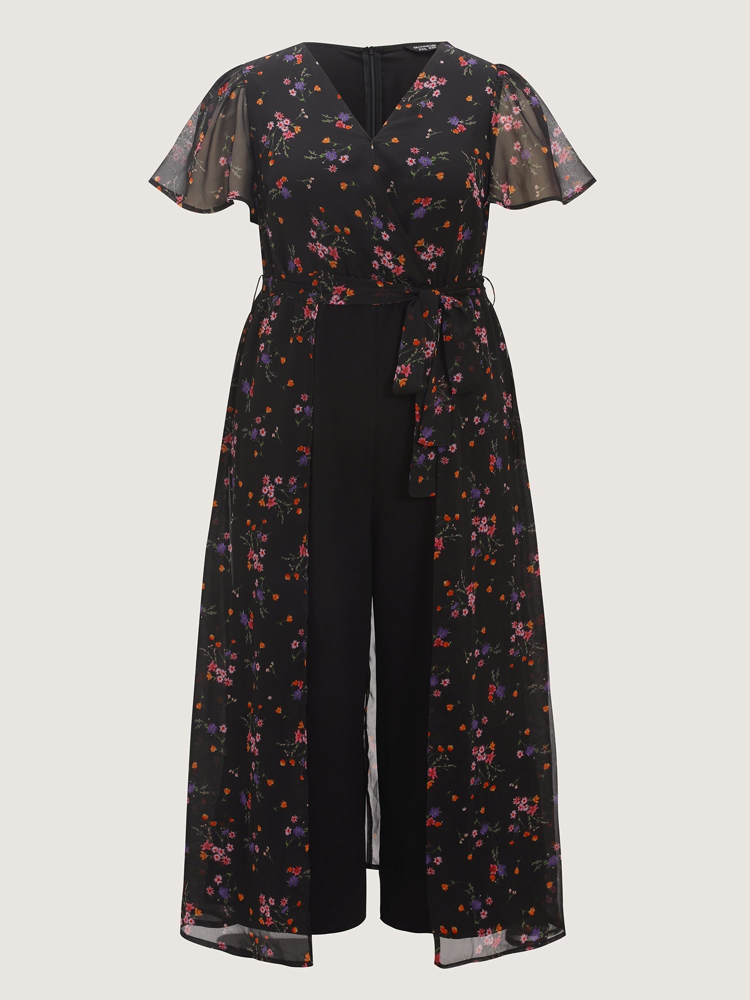 Ditsy Floral Print Wrap Tie Overlay Jumpsuit