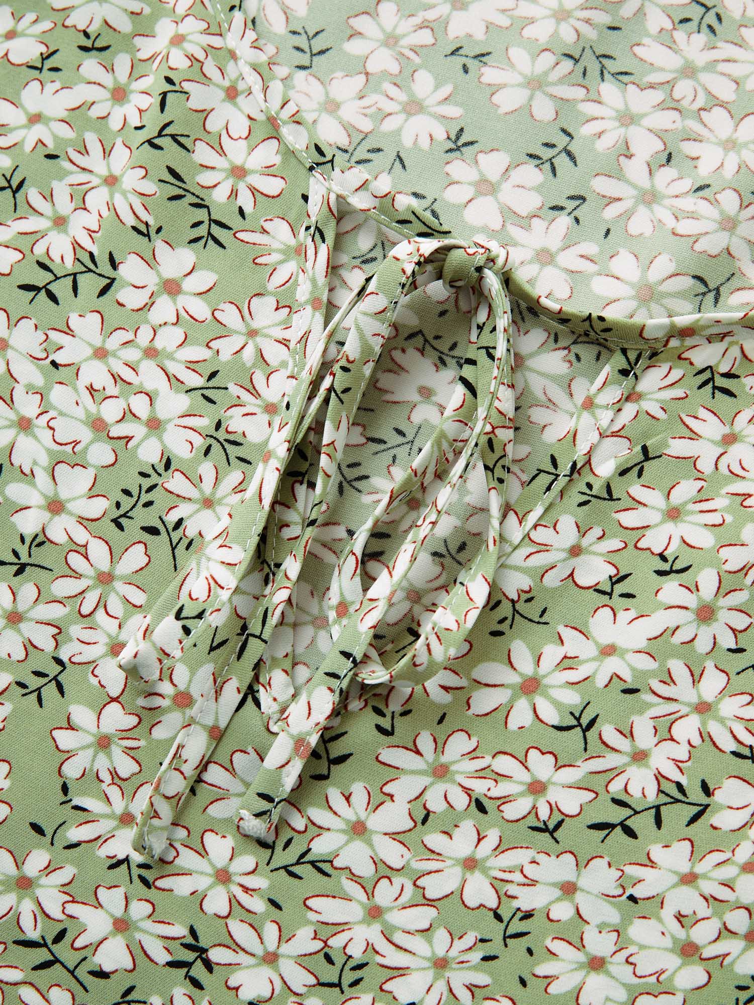 Ditsy Floral Ruffle Sleeve Gathered Ties Blouse