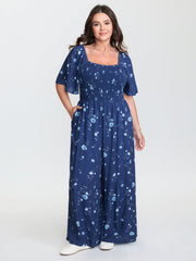 Breezy Floral Print Shirred Bodice Jumpsuit