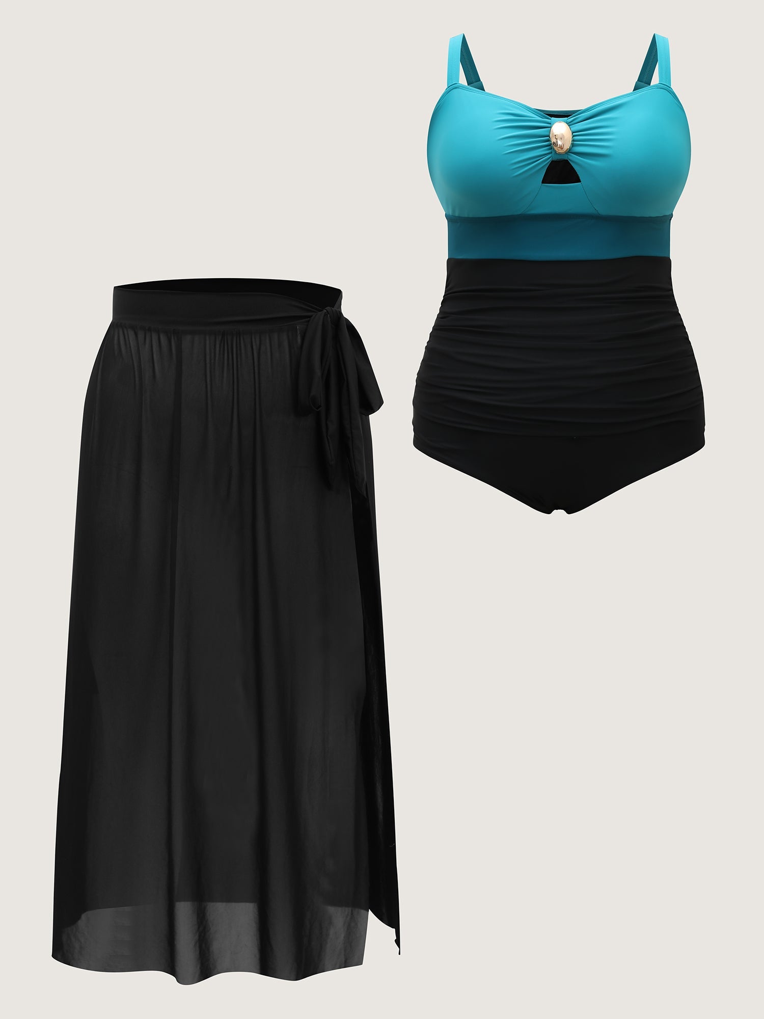 Two-Piece Contrast Sheer Sarong Swimsuit