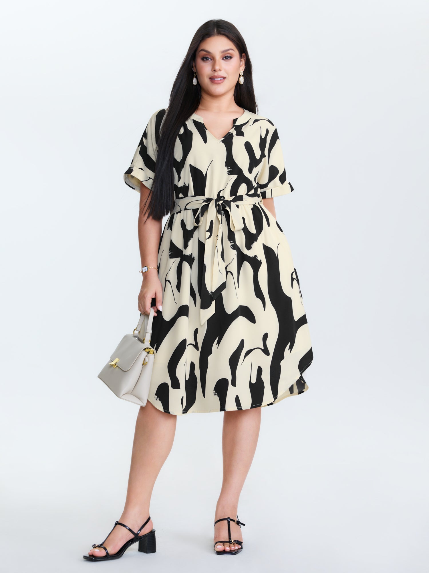 Abstract Print Waist-Tie Midi Dress