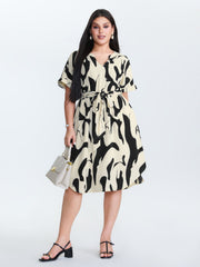Abstract Print Waist-Tie Midi Dress