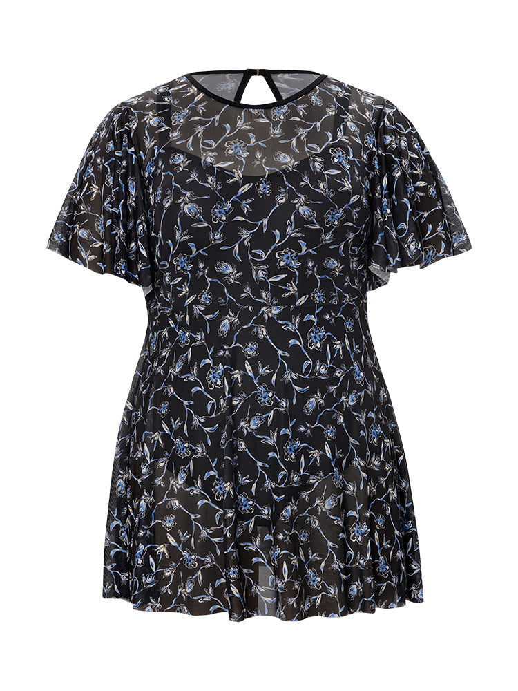 Ditsy Floral Ruffle Sleeve Cut Out Swim Dress