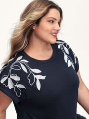 Leaf Embroidery Round Neck Split T-Shirt
