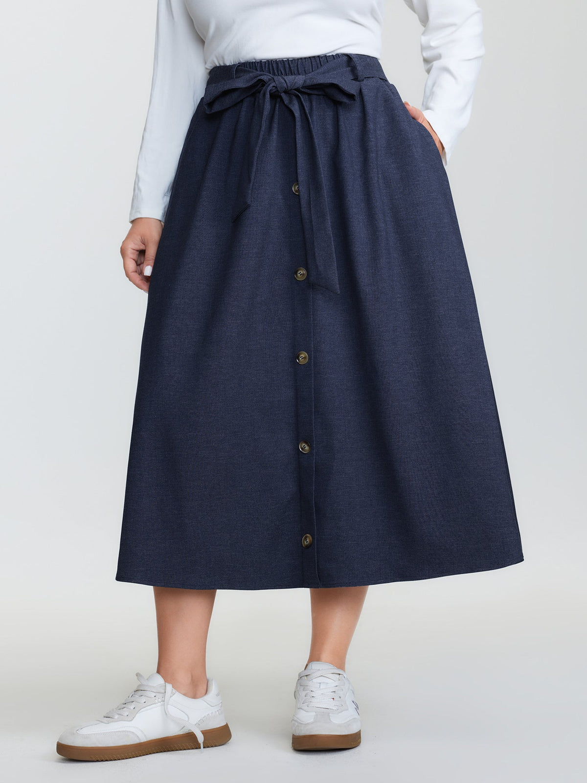 Stretchy Button Detail Waist-Tie Maxi Skirt