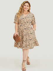 Leopard Print Puff Sleeve Pocket Wrap Ruffle Trim Dress