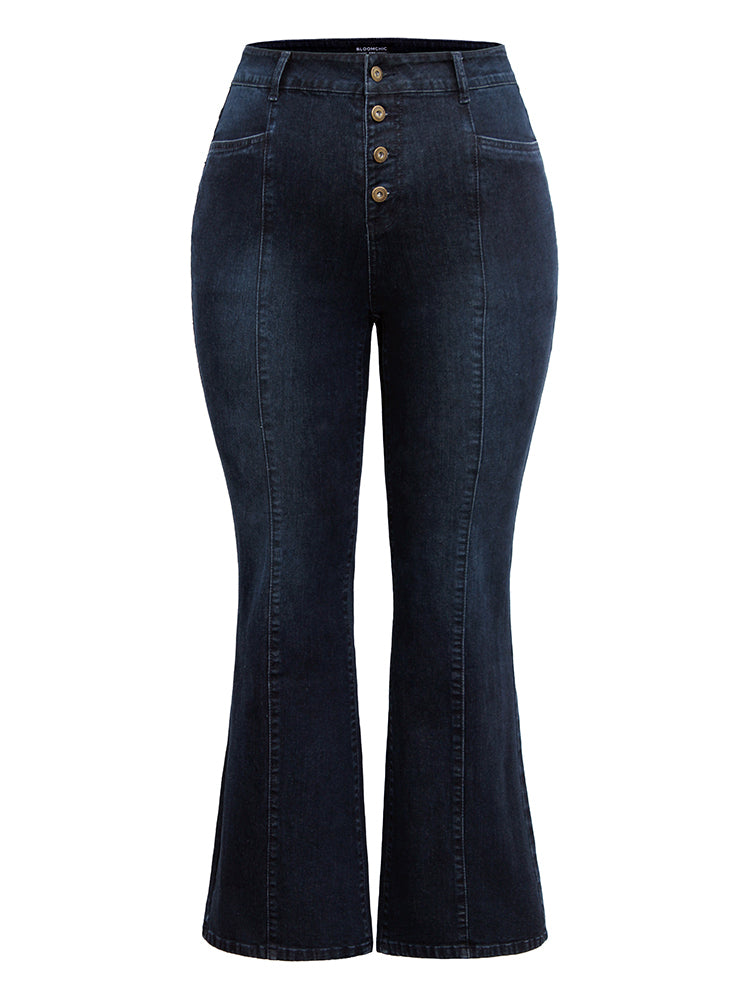 Flare Leg Button Fly Seam Detail Moderately Stretchy Jeans