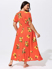 Citrus Floral Print Puff Sleeve Maxi Dress