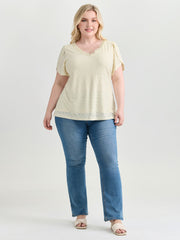 Eyelet Trim Stretchy V-Neck T-Shirt