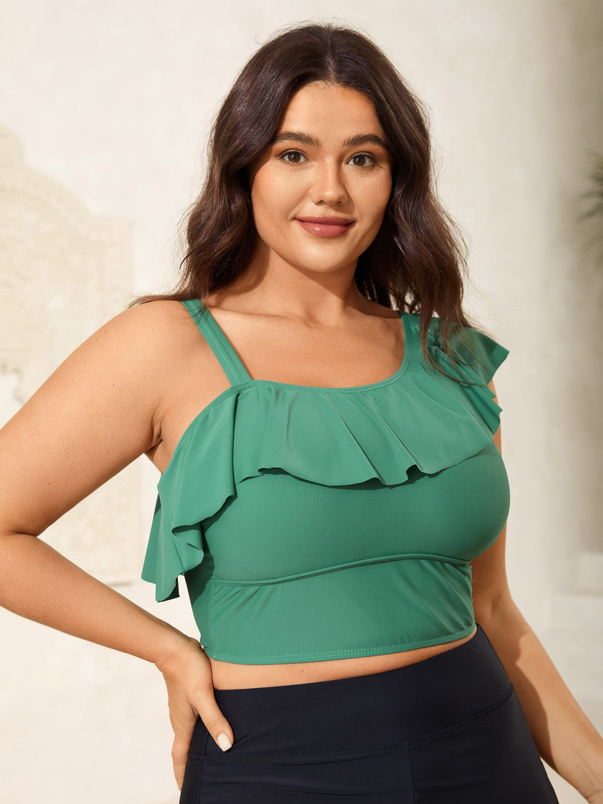 Ruffled Asymmetrical Shoulder Strap Swim Top